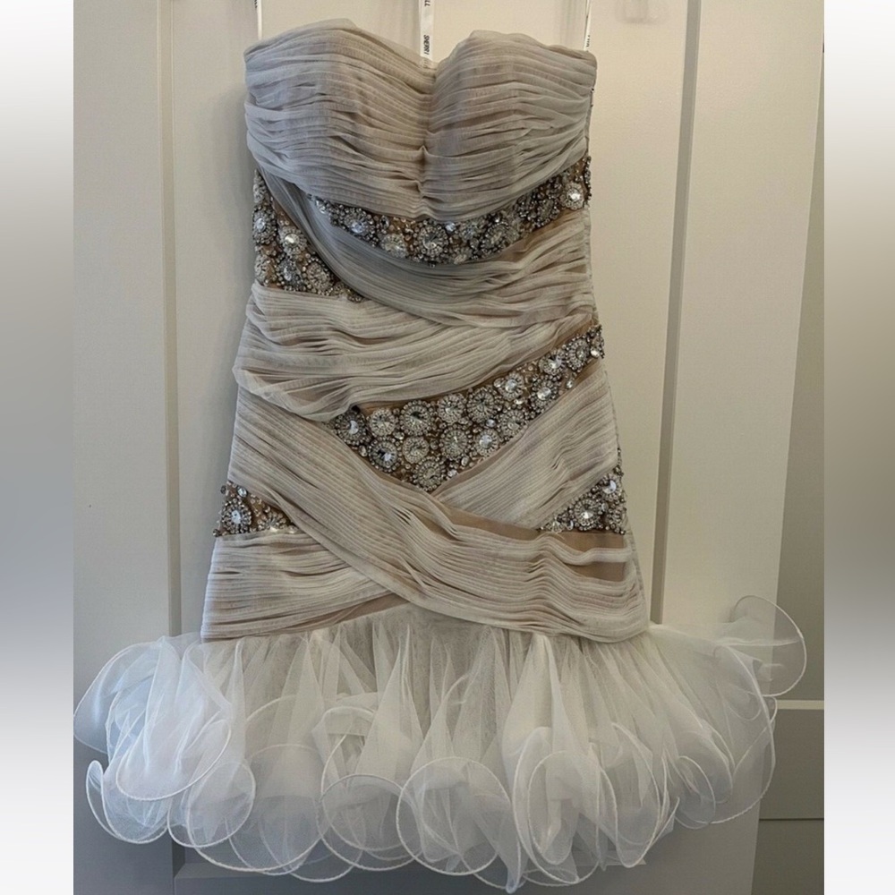 Sherri Hill 1457 strapless formal prom party beaded embellished mini dress white